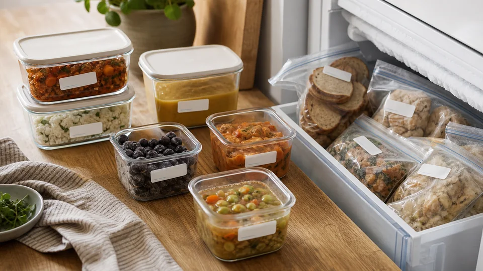 Portionsförpackad mat och råvaror vid en öppen fryslåda